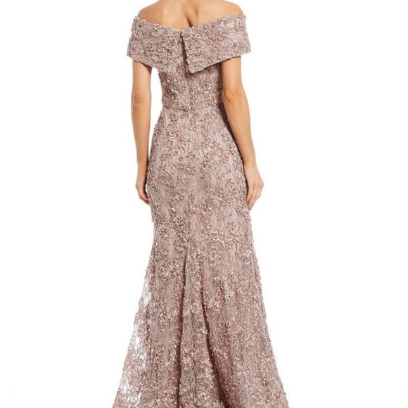 Xscape Off-Shoulder Lace Gown in Taupe - Picture 4 of 9
